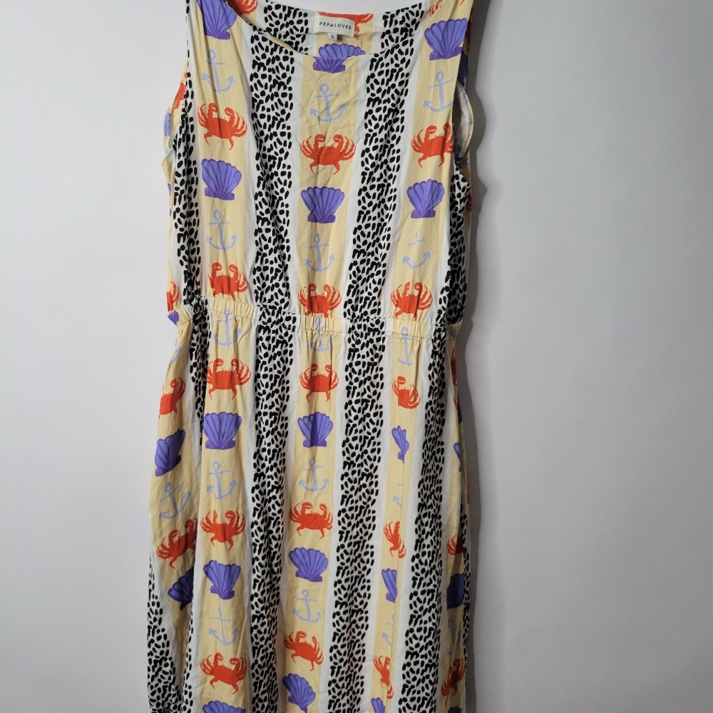 Pepaloves Patterned Midi Dress with Crabs and Shells